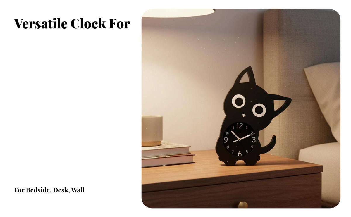 Cartoon Kitten Desk Clock Quiet Cat Shaped Table Clock for Students, Kids, Dorm Room, Bedroom, Office