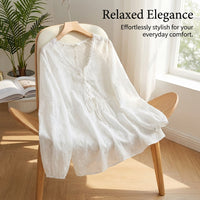 Long Sleeve Top with Tie Front Closure and Embroidered Detail for Plus Size Women, Summer for Casual Wear in Soft Textile