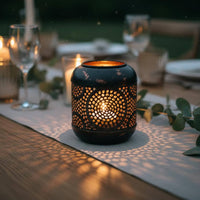 European Inspired Hollow Metal Candle Holder Romantic Atmosphere Vintage Design Tealight Holder Cutout Pattern Candle Lantern for Wedding, Dinner Party, Tabletop