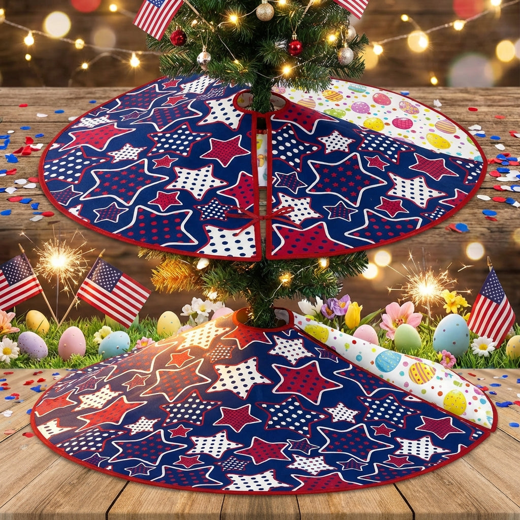 1PC Mini Valentine's Day Tree Skirt 35" Easter and Independence Day Festive Patterns Reversible Reusable Double-Sided Holiday Mat for Homeowners, Living Room