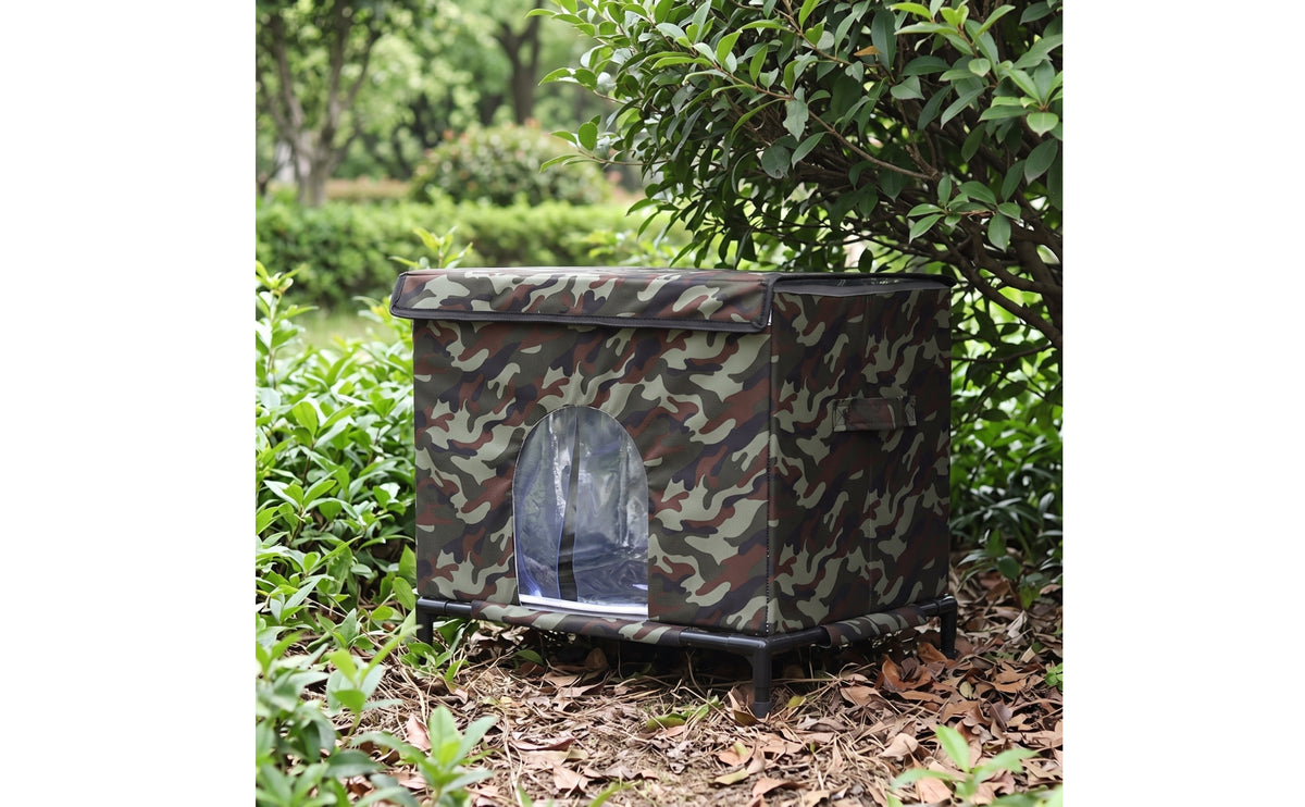 Cat Shelter with Raised Frame Outdoor Cat House Elevated for Cats, Patio, Backyard, Garden