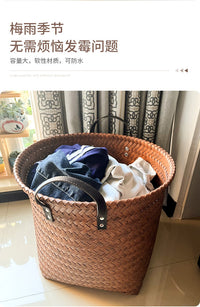 轻奢美式仿藤编家用脏衣服收纳筐零食玩具桶网红款编织篮子脏衣篓 圆形浅棕特大号