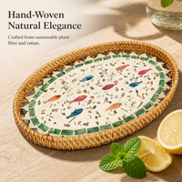 Handwoven Rattan and Mother-of-Pearl Decorative Tray for Storage and Serving