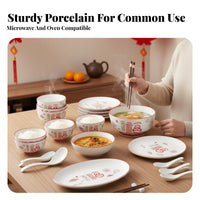 Ceramic Dinnerware Set, Chinese Style, Red Festive Bowls & Plates, Gift Box, Wedding, Housewarming, New Year, Chopsticks