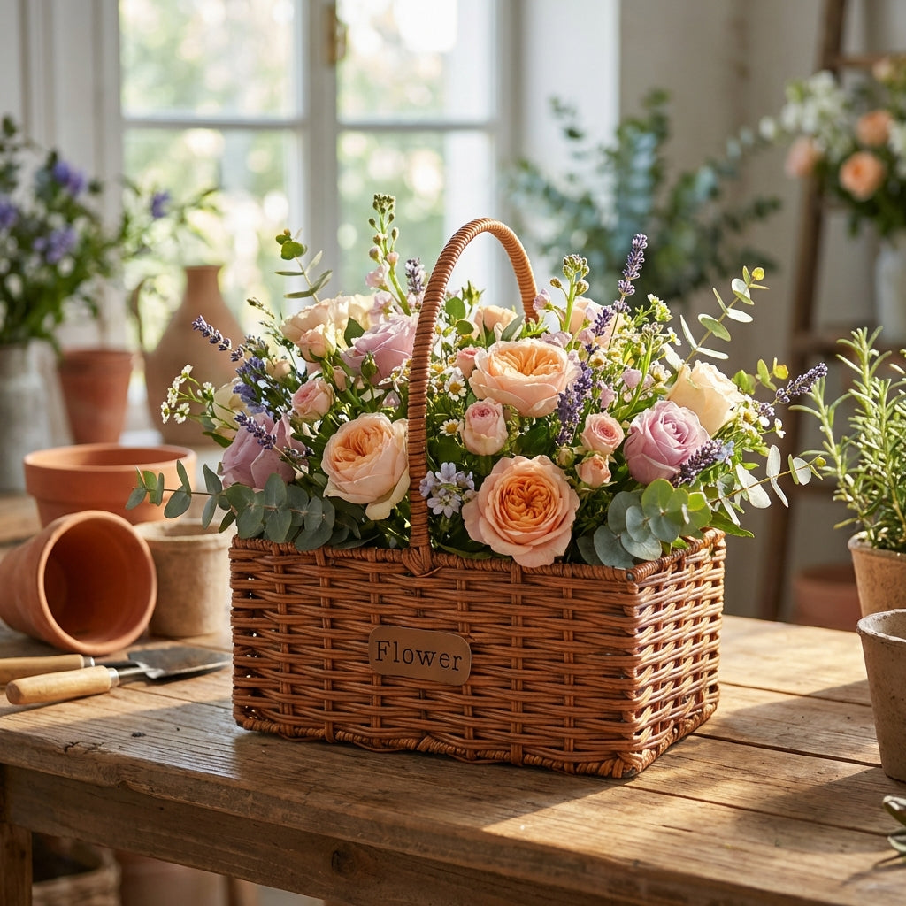 Hand-Woven Flower Basket Indoor Outdoor Use Pastoral Aesthetic Flower Holder Versatile Woven Planter Basket for Gardeners, Patio, Balcony, Living Room