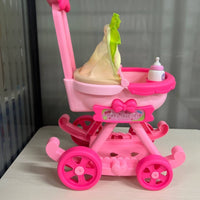 Textile Canopy Pink Doll Stroller Push Handle Pink Toy Stroller Front Tray Storage Platform for Children