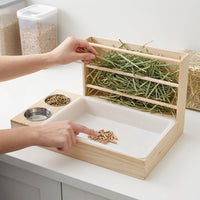 Wooden Hay Feeder with Built-in Food Bowl, Freestanding Rack for Guinea Pigs and Chinchilla, Overhead Entry Pig Hay Holder Hamster Accessories