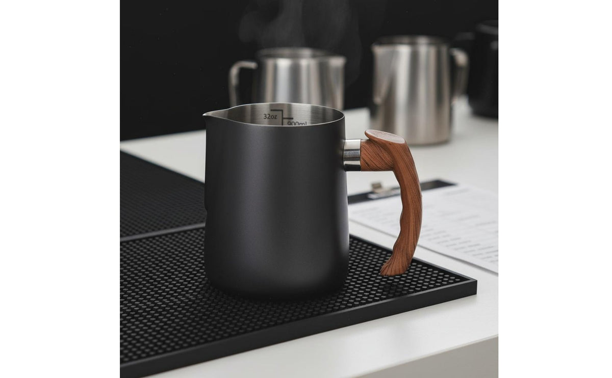 Latte Art Jug with Wooden Handle Easy to Clean Stainless Steel Milk Steaming Pitcher Great Gift Idea Stainless Steel Steaming Pitcher for Home Kitchen
