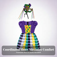 Multicolor Heart Print Carnival Costume Dress Puff Sleeves Plaid Costume Dress Square Neckline Eye Mask Set Glittery