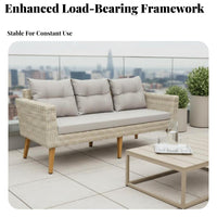 4 Pieces Nordic Design Wicker Seating Group with Table Woven Frame Outdoor Furniture Comfortable pads Conversation Set All-Weather for Hotel Managers, Homeowners, Entertainers, Balcony, Garden, Backyard, Porch