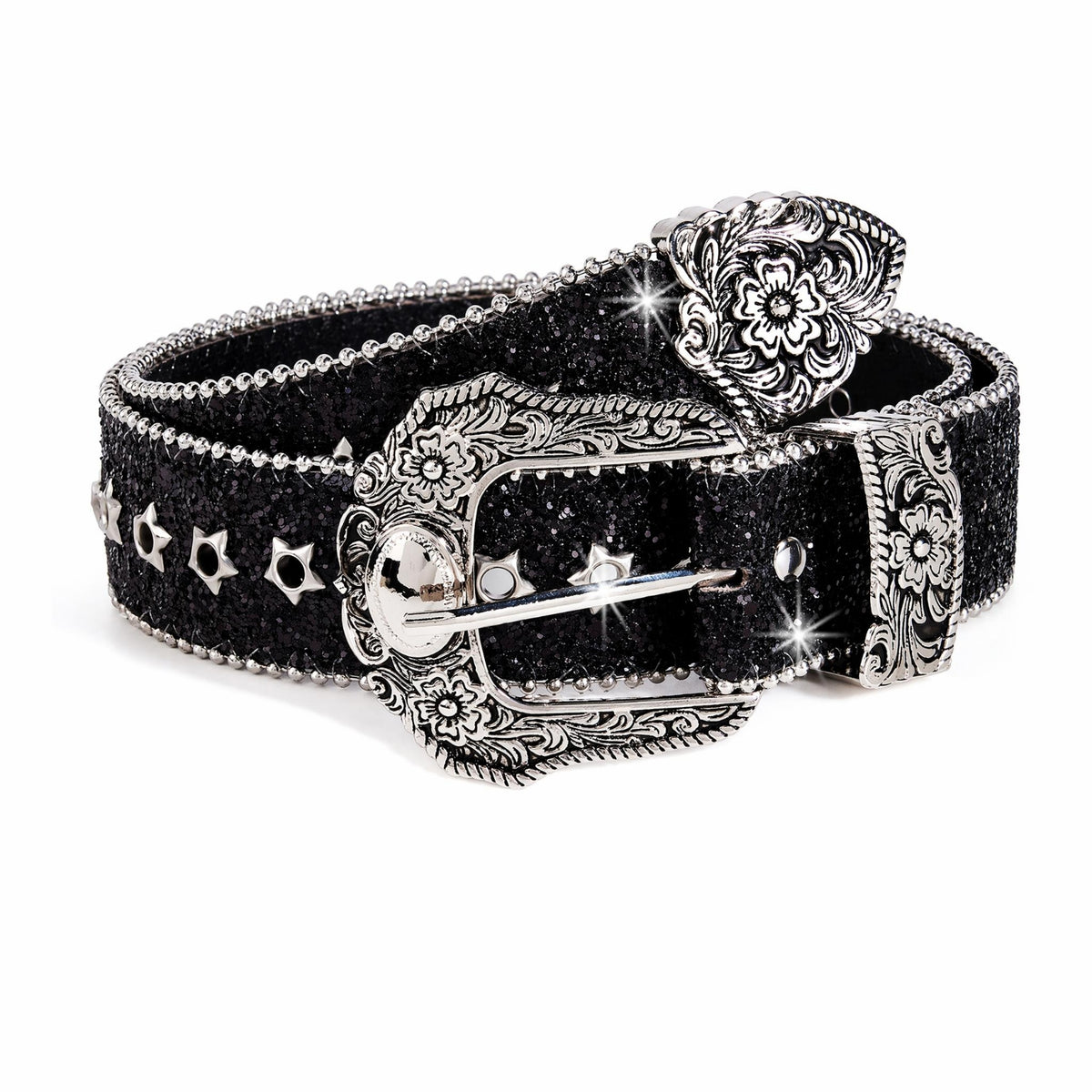 Ornate Belt with Star Eyelets Glittery Western Belt Punk Adjustable for Women, Jeans