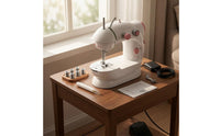 Built-in Light Mini Electric Sewing Machine Foot Pedal Desktop Sewing Machine Metal Hook Craft Tool Spare Bobbins