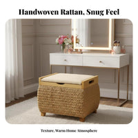Multi-Functional Woven Storage Ottoman Handwoven Design Round Lidded Storage Pouf With Removable Lid Footrest Space-Saving for Homeowners, Renters, Parents, Living Room, Entryway, Bedroom, Hallway