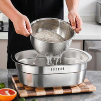 Rice Washer and Strainer Bowl Set, Stainless Steel Deepened Washing Basin with Flat Bottom, Oval Mixing Bowl for Pasta Spaghetti, 2 Pack Units