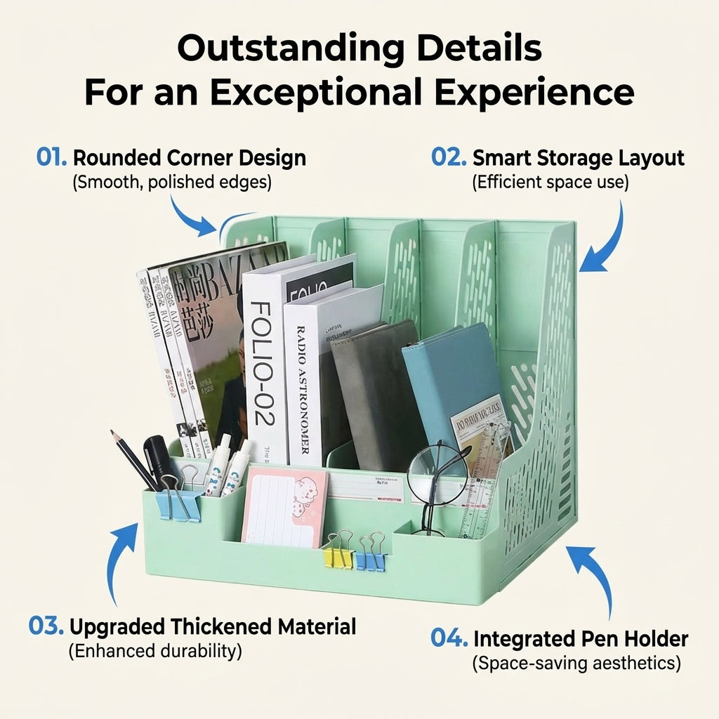 4 Tier Vertical File Organizer for Office Desk, Desktop Rack Standing Holder for A4 Documents Workstation for Workers