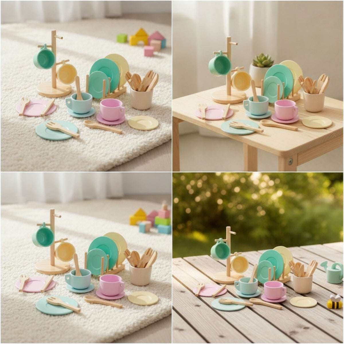 Wooden Play Dishes Set with Drainage Rack Pastel Toy Dishes Set  Imaginative Dinnerware for Young Children, Playroom