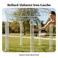 Grand Centerpiece Large 6-Pillar Wedding Dome Detachable Frame White Metal Pavilion Elegant Scrollwork Design Domed Iron Gazebo for Venue Owners, Couples, Garden Parties, Photo Backdrops
