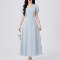 Maxi Dresses for Women UK with Drawstring Waist and Square Neckline, Summer Dress with Short Sleeves for Going Out, Plus Size Work