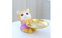 Gold-Colored Seated Cat Organizer Textured Cat-Shaped Storage Tray Metallic-Finish-Looking House Decoration Small-Item for Desktop, Entryway