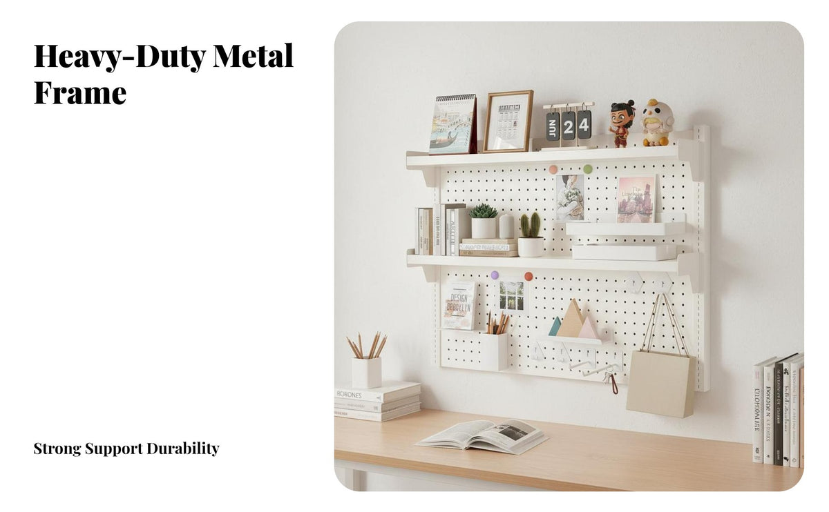 Adjustable Shelves Pegboard Wall Organizer Space Saving Wall Mounted Pegboard Shelf Customizable Layout Modular Desk Organizer Easy Installation for Crafters, Hobbyists, Students, Workshop, Home Office, Kitchen, Dorm Room