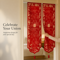 Wedding Door Curtain with Xi Character, Red Festive Irregular Hanging Curtain for Wedding Room Decoration, Punch-Free Living Room Bedroom Partition