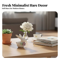 Light Luxury Accent Bunny Ornament with Flower Premium Craftsmanship White Porcelain Bunny Statue Elegant Design for Desktop, Car Dashboard