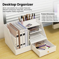 4+2 Desktop File Organizer with Drawer and Pen Holder, 3 Tier Document Sorter for Students, Multi Level Workspace Organization Rack