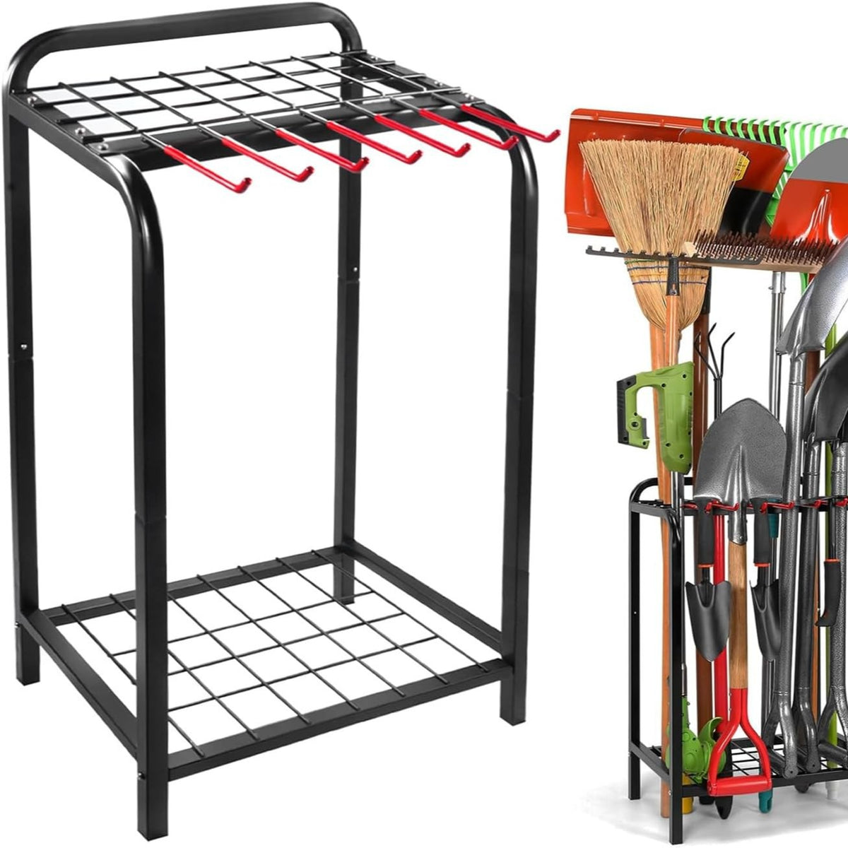 European Style Tool Storage Rack, 2-Tier Floor Standing Organizer for Garage and Garden