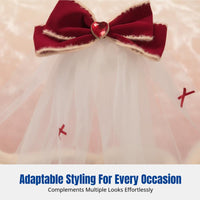 Autumn Plush Ribbon Veil, Red Floral Headpiece, Cream Plush Festive Hair Accessory for Women
