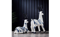 2 Pieces Blue and White Deer Ornaments Elegant Design Sitting Deer Figurines Delicate Details Home Decors for Study, Entryway