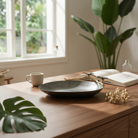 Tray with Branch Ornament Brushed Stainless Steel Tray Shallow Platter for Living Room