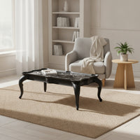 Coffee Table with Marble-Look Traditional-Aesthetic Top-Style Low Coffee Table Curved-Leg Furniture for Living Room, Sitting Area, Reading Corner