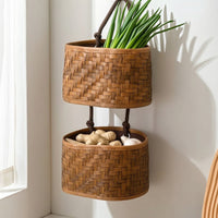 Double Tier Storage Basket Braided Tier Hanging Basket Vertical Wall Mounted Storage Rack for Bedroom