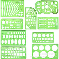 Green Plastic Geometric Drawing Template Ruler Set (9-Piece, Style 3) for Drafting and Measurement