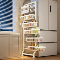 Refrigerator Side Storage Rack with Dual Pull Baskets, Wall-Mounted, Narrow Gap, Multi-Layer Organizer