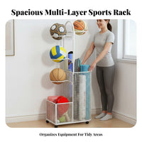 Basketball and Stretching Mat Holder Movable with Wheels Ball Storage Rack Multi-Functional Athletic Gear Storage Rack for Families, Kids, Gym