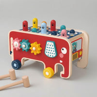 Fine-Motor Wooden Elephant Toy with Hammer Educational Whack-Acritter Toy with Wheels Interactive Wooden Activity Cart with Gears Toddler for Toddlers, Young Children, Playroom, Daycare