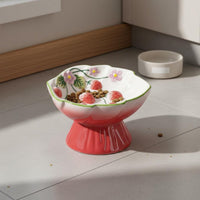 Elevated Strawberry Pet Bowl Anti-Tipping Ceramic Slow Feeder Raised Pattern Tilted Raised Pet Bowl for Cats, Dogs