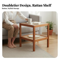 Japanese Design Two-Tier Glass Top Table Woven Rattan Shelf Nightstand Compact Size Home Furniture Slim Design for Apartment Dwellers, Homeowners, Students, Living Room, Bedroom, Balcony, Office