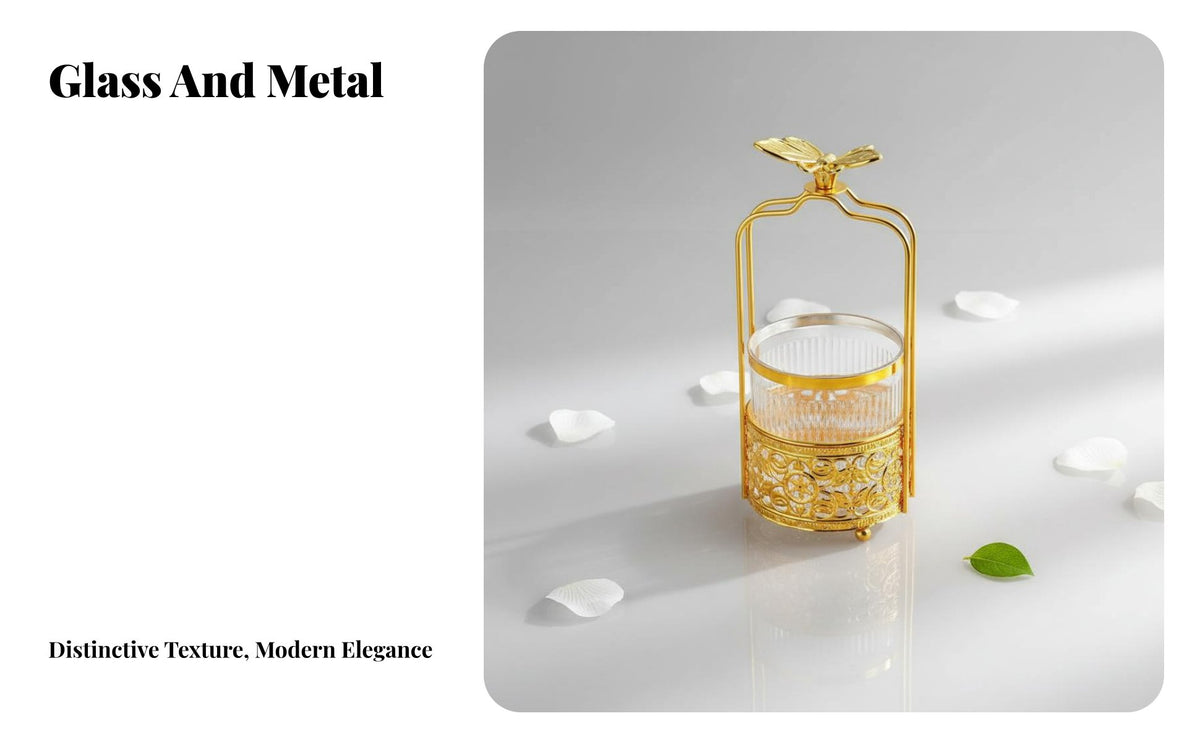 Decorative Vase with Metal Holder Elegant Design Filigree Metal Planter Wrought Golden Metal Flower Basket Vase for Desktop, Living Room