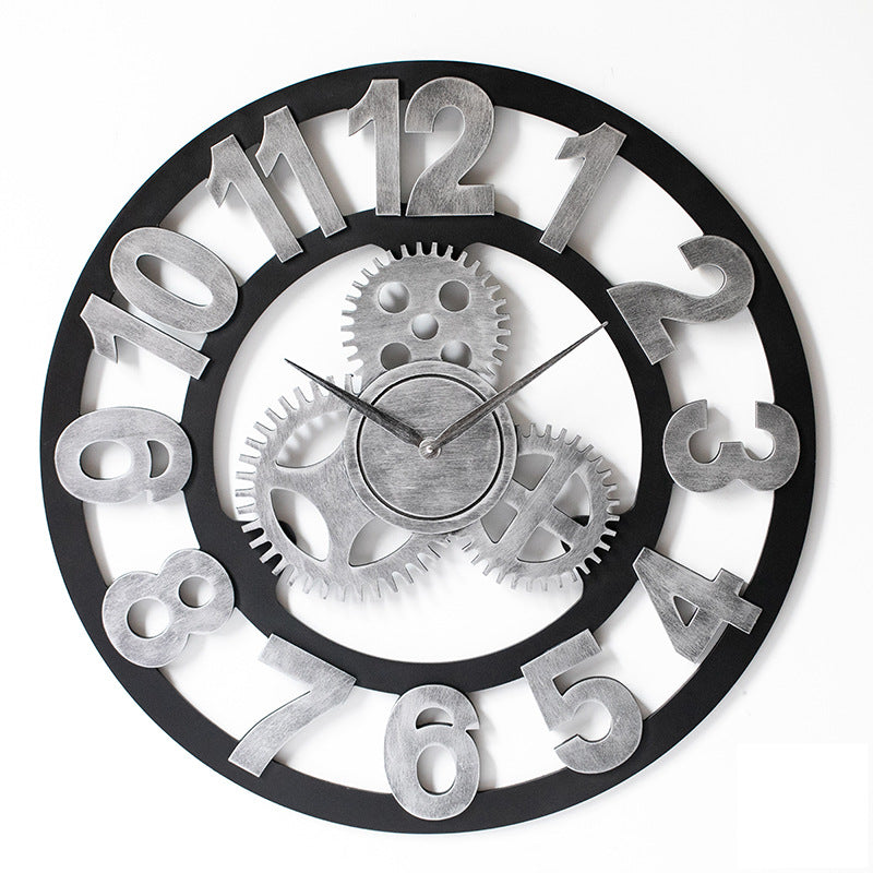 Vintage Wooden Gear Wall Clock with Roman Numerals, Industrial Style, Silent, for Living Room