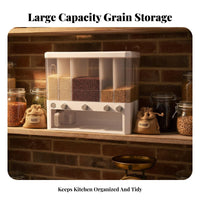 Large Capacity Press-to-Dispense Rice Container Push Button Dispensing Multi-Compartment Grain Dispenser Transparent Design for Pantry