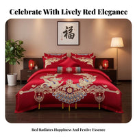4 Pieces Festive Red Color Embroidered serpent and firebird Bed Linen Traditional Wedding the couplee Bedding Set Auspicious Design Bedroom Linens plush texture for Newlyweds, Gift Givers, Families, Bridal Room