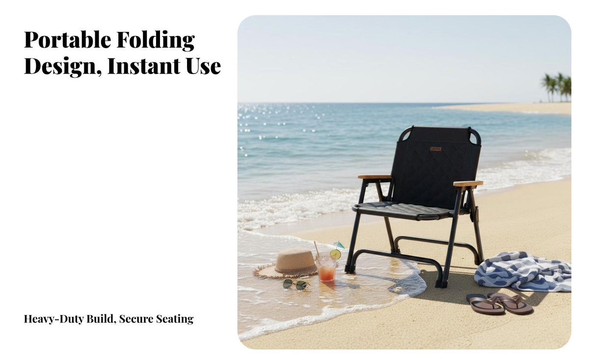 No Assembly Required Folding Camping Chair Long-Lasting Steel Frame Portable Outdoor Chair Heavy Duty Wooden Armrests for Campers, Picnickers, Beachgoers