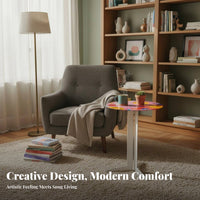 Designer Look Colorful Round Pedestal Table Modern Aesthetic Round Pedestal Accent Table Versatile Decor Piece Home Furnishing Multifunctional for Interior Design Enthusiasts, Young Adults, Homeowners, Living Room, Corner Space, Lounge Area, Bedroom