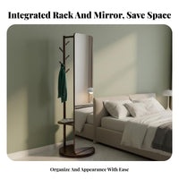 Solid Wood Frame Swivel Mirror with Clothes Hanger Multifunctional Design Rotating Organizer with Mirror Space Saving Bedroom Furniture Storage Shelves for Apartment Dwellers, Homeowners, Adults, Dressing Room, Entryway, Hallway, Cloakroom