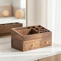 Makeup Organizer with Drawers Walnut Wooden Drawer Cabinet Double-Layer Desktop Organizer for Women, Vanity, Dressing Table, Bedroom Dresser