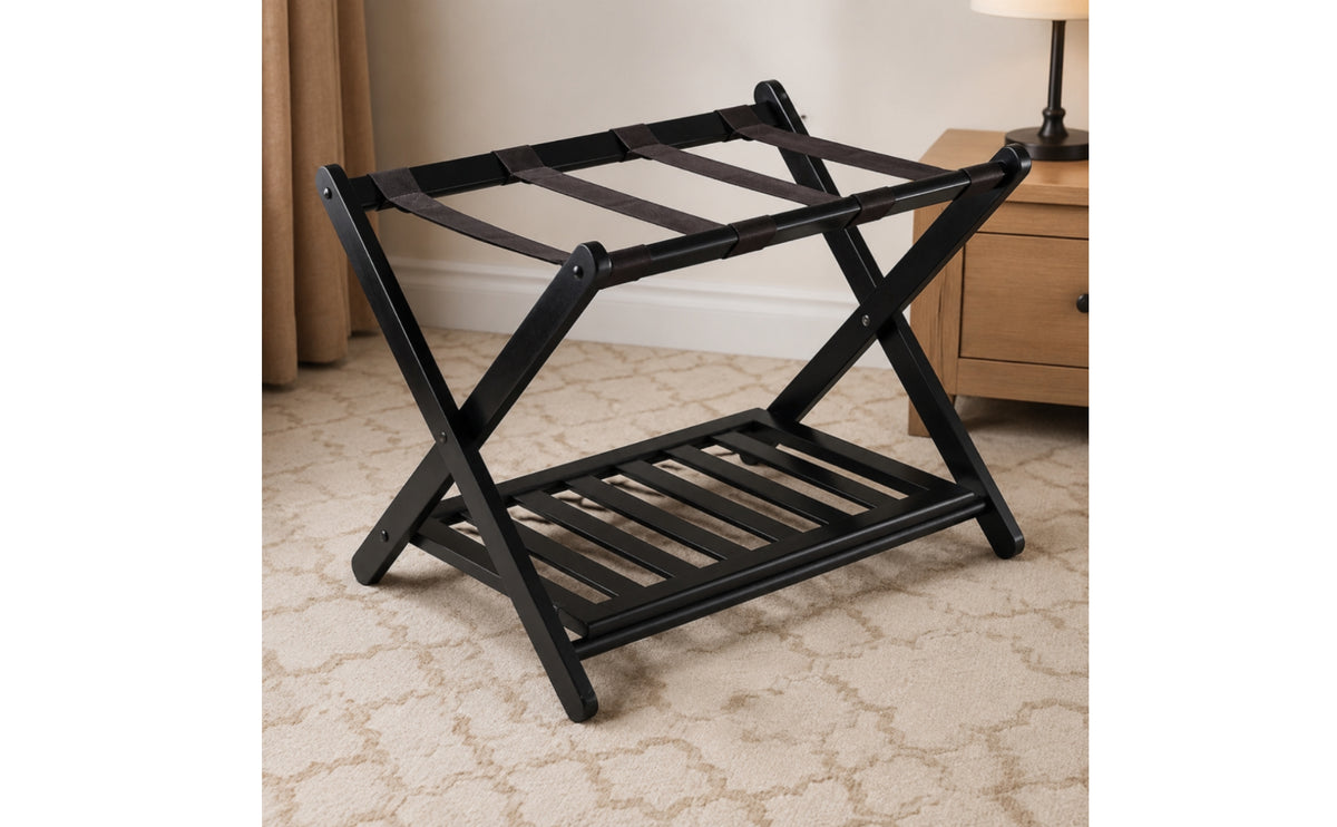 Foldable Folding Luggage Rack with Shelf Double-Tier Bamboo Suitcase Stand with Shelf Long-Lasting Luggage Rack with Two Shelves Sturdy for Travelers, Bedroom
