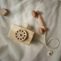 Vintage-Style Wooden Toy Phone Classic Toy Telephone Decorative Wooden Telephone with Handset Interactive for Photo Shoots