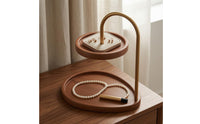 Wood-Grain 2 Tier Storage Rack Gold-Toned Two-Tier Storage Rack Curved Metal Tabletop Display Stand Raised Rim for Dresser, Entryway